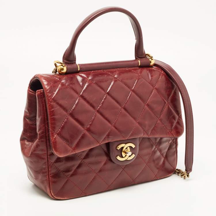 Pre Owned Chanel Burgundy Quilted Leather Gold Bar Top Handle Bag