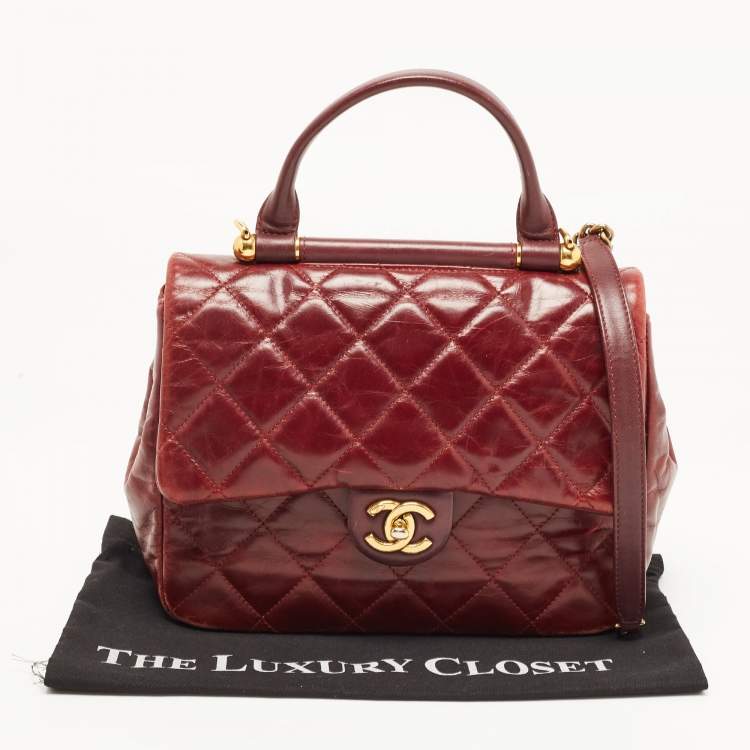 Pre Owned Chanel Burgundy Quilted Leather Gold Bar Top Handle Bag
