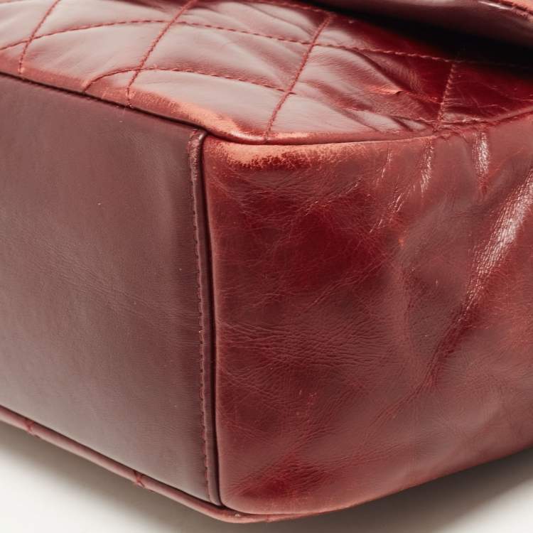 Pre Owned Chanel Burgundy Quilted Leather Gold Bar Top Handle Bag