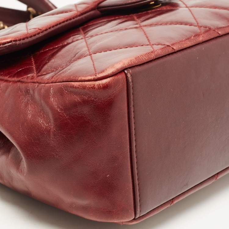 Pre Owned Chanel Burgundy Quilted Leather Gold Bar Top Handle Bag