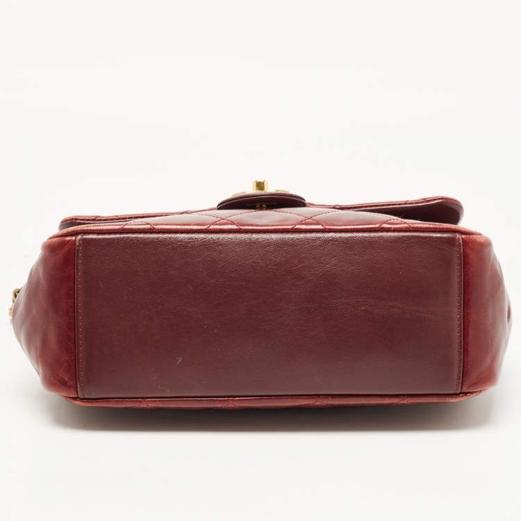 Pre Owned Chanel Burgundy Quilted Leather Gold Bar Top Handle Bag