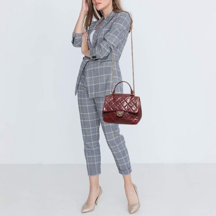 Pre Owned Chanel Burgundy Quilted Leather Gold Bar Top Handle Bag