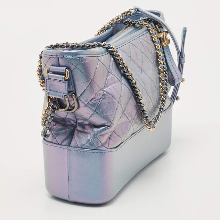 Pre Owned Chanel Light Blue Shimmer Quilted Aged Leather Medium Gabrielle Hobo