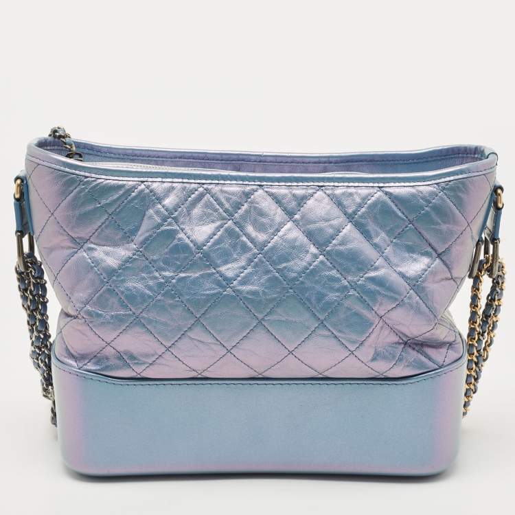 Pre Owned Chanel Light Blue Shimmer Quilted Aged Leather Medium Gabrielle Hobo