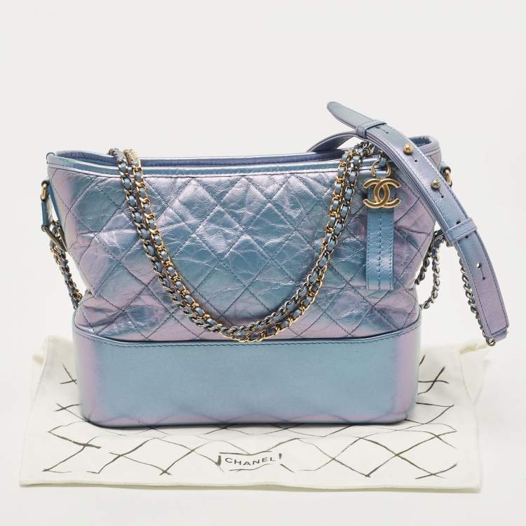 Pre Owned Chanel Light Blue Shimmer Quilted Aged Leather Medium Gabrielle Hobo