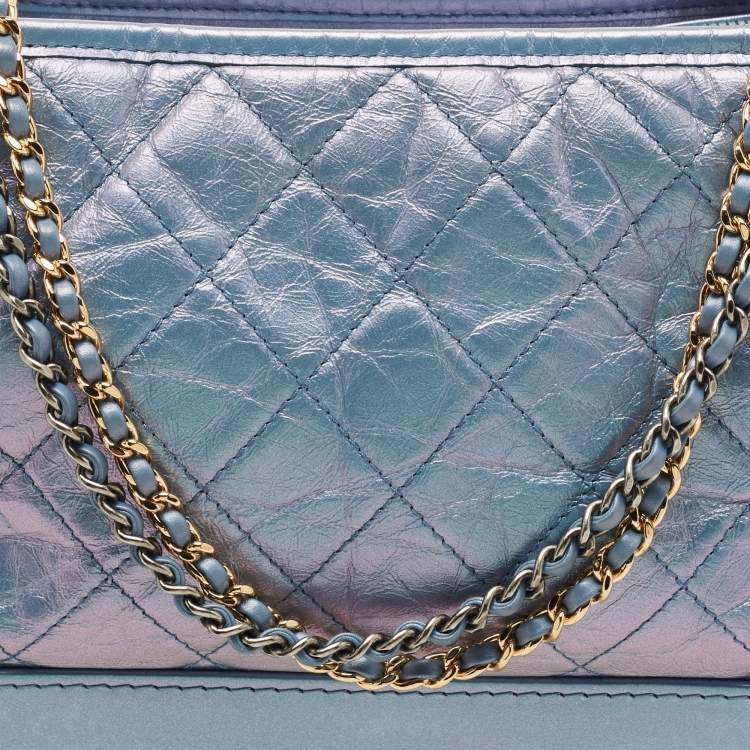 Pre Owned Chanel Light Blue Shimmer Quilted Aged Leather Medium Gabrielle Hobo