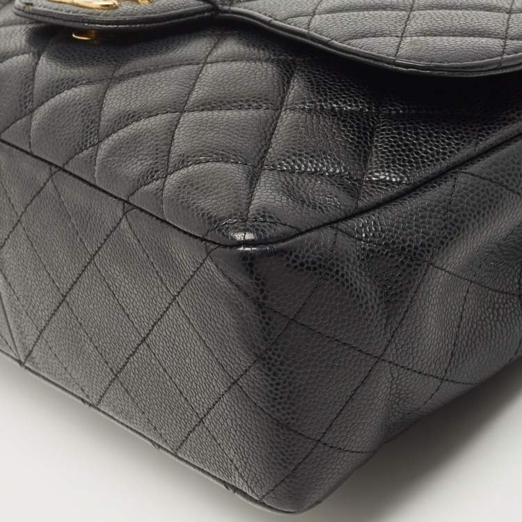 Pre Owned Chanel Black Quilted Caviar Leather Jumbo Classic Single Flap Bag