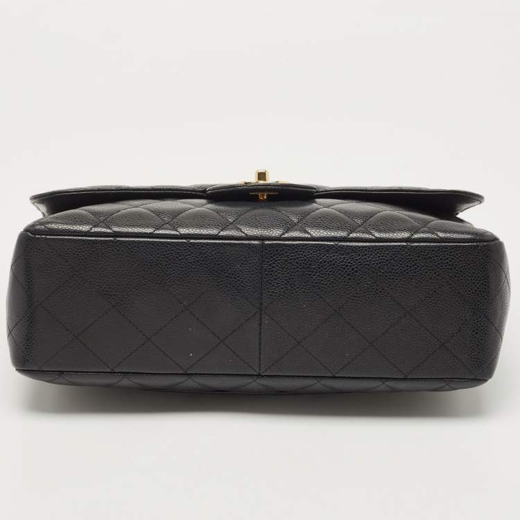 Pre Owned Chanel Black Quilted Caviar Leather Jumbo Classic Single Flap Bag