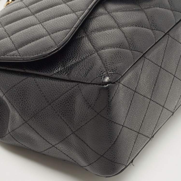 Pre Owned Chanel Black Quilted Caviar Leather Jumbo Classic Single Flap Bag