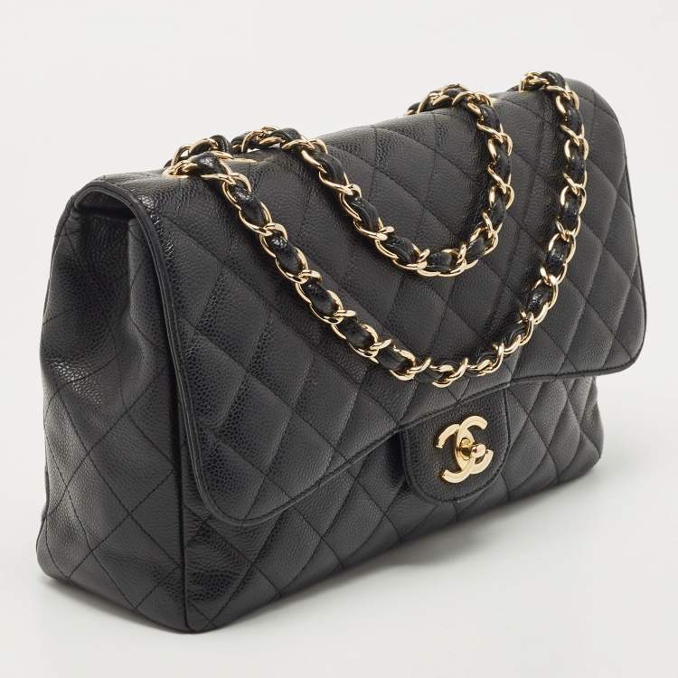 Pre Owned Chanel Black Quilted Caviar Leather Jumbo Classic Single Flap Bag