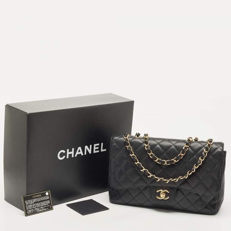 Pre Owned Chanel Black Quilted Caviar Leather Jumbo Classic Single Flap Bag