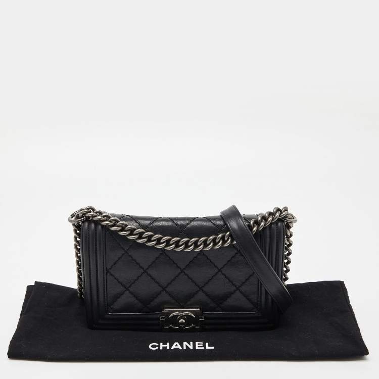 Pre Owned Chanel Black Quilted Leather Medium Double Stitch Boy Flap Bag