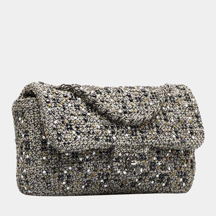 Chanel Grey Medium Quilted Crystal Tweed Single Flap Bag