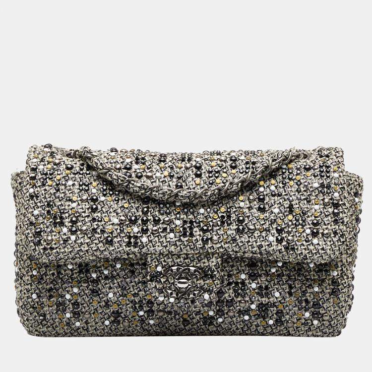 Chanel Grey Medium Quilted Crystal Tweed Single Flap Bag Chanel
