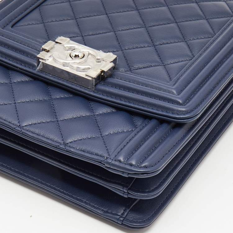 Pre Owned Chanel Blue Quilted Leather North South Boy Shoulder Bag