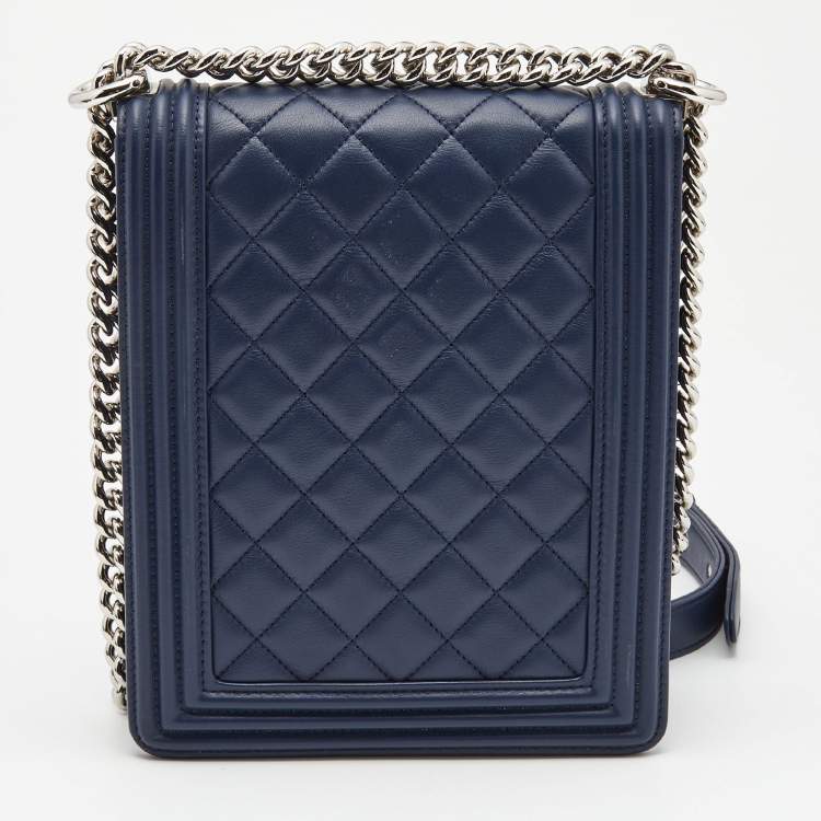 Pre Owned Chanel Blue Quilted Leather North South Boy Shoulder Bag