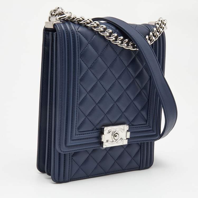 Pre Owned Chanel Blue Quilted Leather North South Boy Shoulder Bag