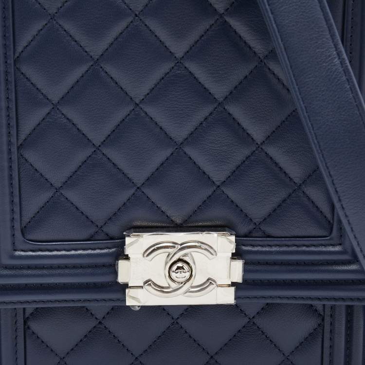 Pre Owned Chanel Blue Quilted Leather North South Boy Shoulder Bag