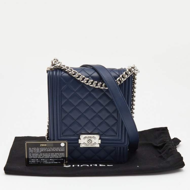 Pre Owned Chanel Blue Quilted Leather North South Boy Shoulder Bag