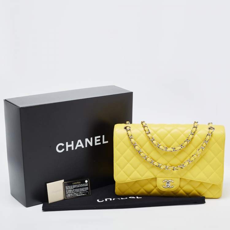 Pre Owned Chanel Yellow Quilted Caviar Leather Maxi Classic Single Flap Bag