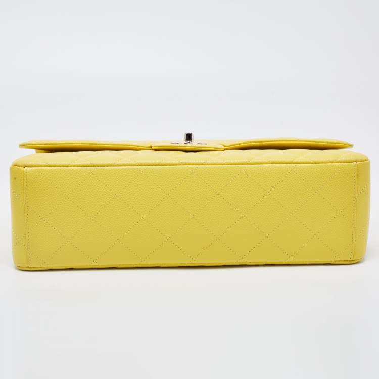 Pre Owned Chanel Yellow Quilted Caviar Leather Maxi Classic Single Flap Bag