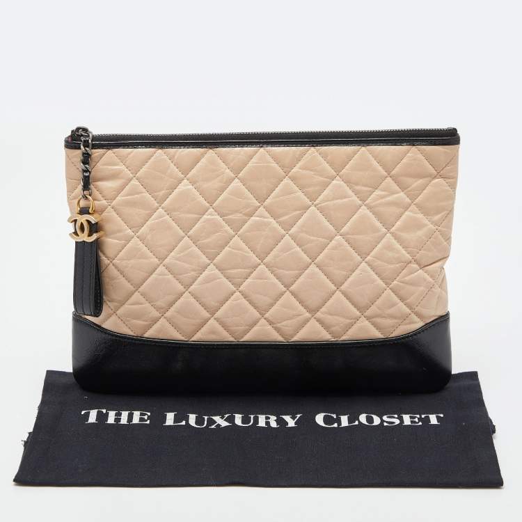 Pre Owned Chanel Beige/Black Quilted Leather Gabrielle Clutch 