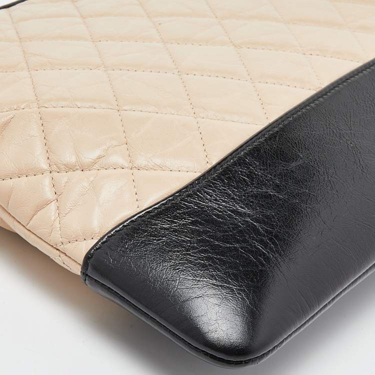 Pre Owned Chanel Beige/Black Quilted Leather Gabrielle Clutch 