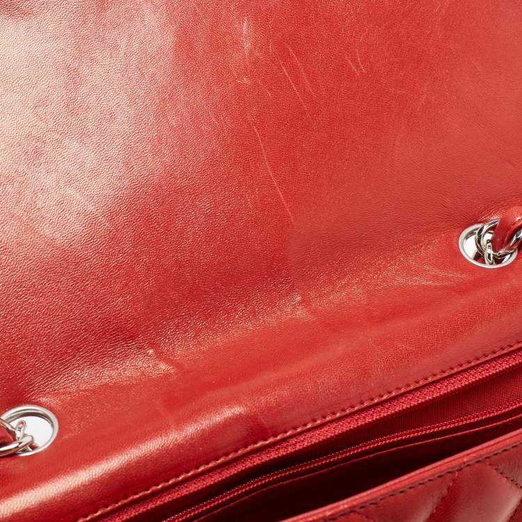Pre Owned Chanel Red Quilted Leather Jumbo Classic Single Flap Bag