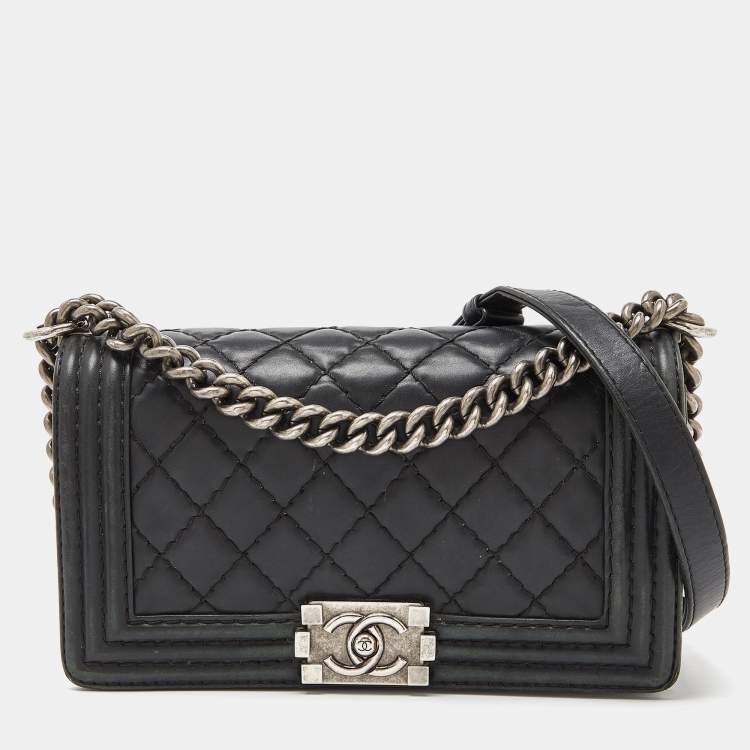 Chanel Metallic Silver Quilted Chevron Caviar Small Boy Bag