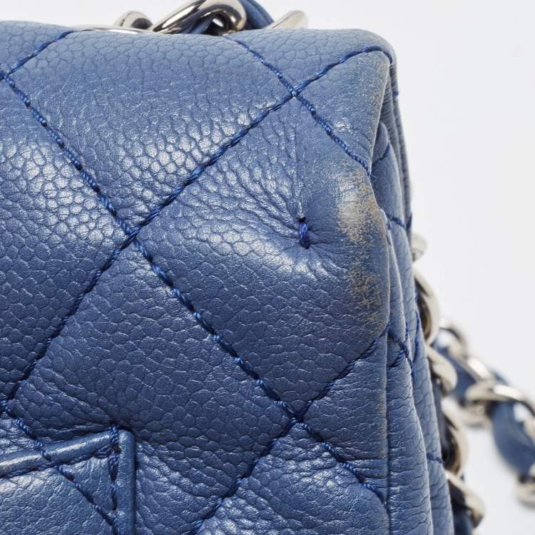Pre Owned Chanel Blue Quilted Caviar Leather Jumbo Classic Single Flap Bag