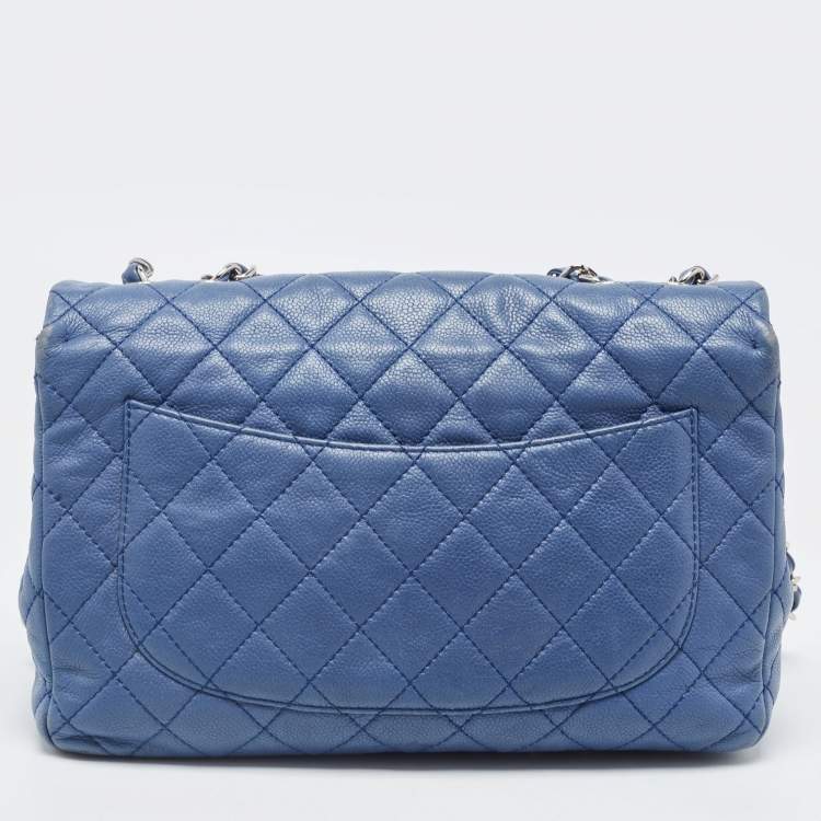 Pre Owned Chanel Blue Quilted Caviar Leather Jumbo Classic Single Flap Bag