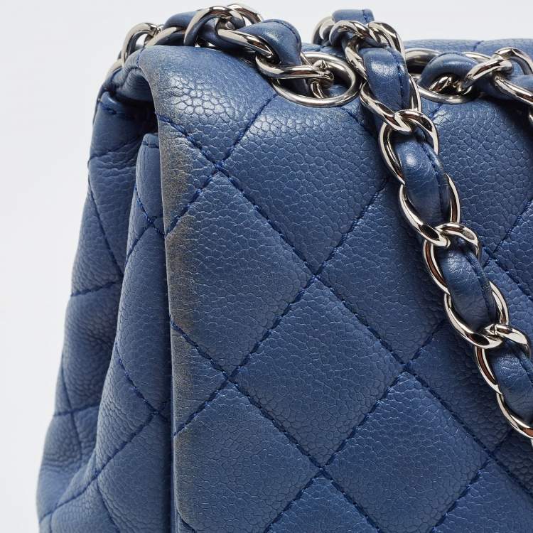 Pre Owned Chanel Blue Quilted Caviar Leather Jumbo Classic Single Flap Bag