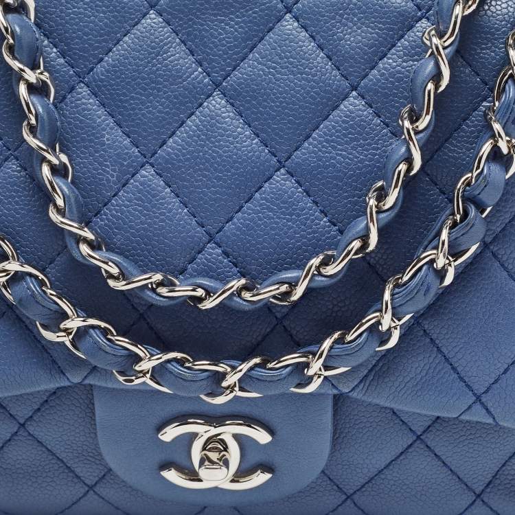 Pre Owned Chanel Blue Quilted Caviar Leather Jumbo Classic Single Flap Bag