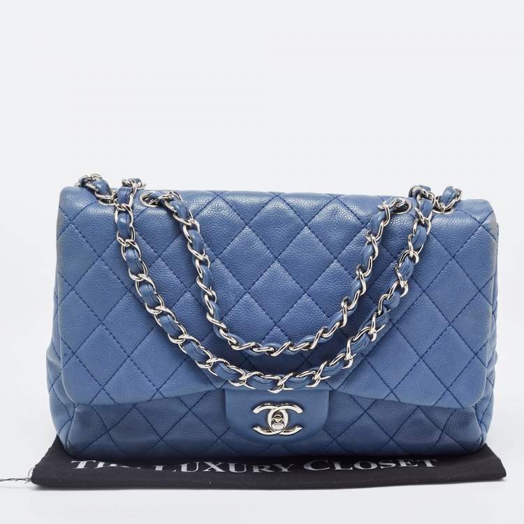 Pre Owned Chanel Blue Quilted Caviar Leather Jumbo Classic Single Flap Bag