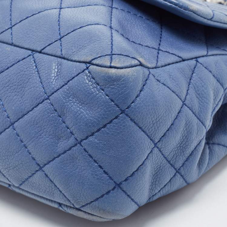Pre Owned Chanel Blue Quilted Caviar Leather Jumbo Classic Single Flap Bag