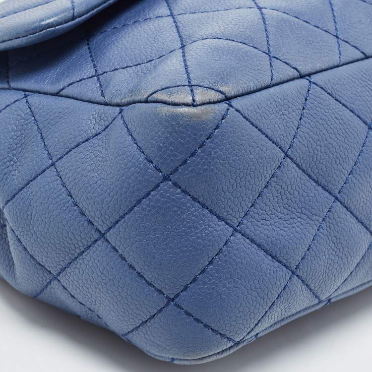 Pre Owned Chanel Blue Quilted Caviar Leather Jumbo Classic Single Flap Bag