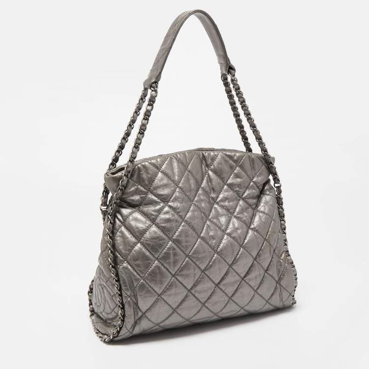 Pre Owned Chanel Grey Quilted Leather Chain Me Hobo