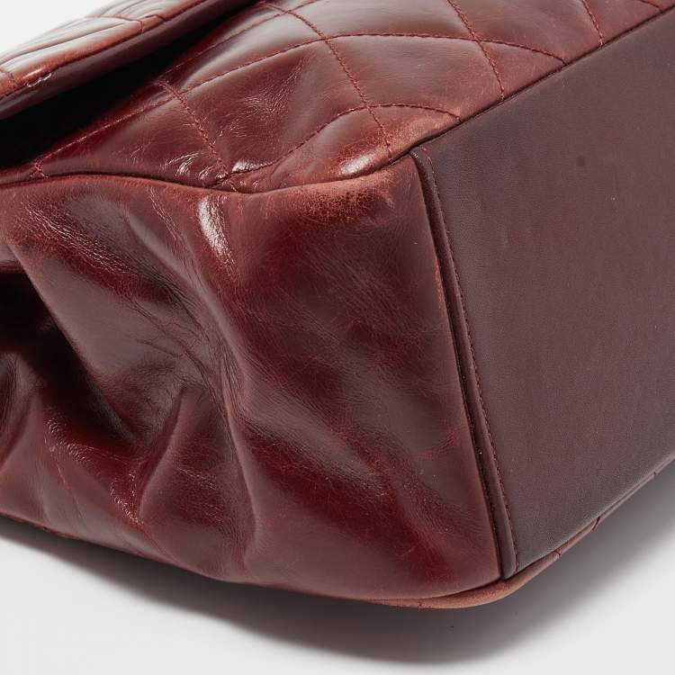 Pre Owned Chanel Burgundy Aged Leather Gold Bar Top Handle Bag