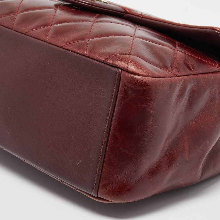 Pre Owned Chanel Burgundy Aged Leather Gold Bar Top Handle Bag