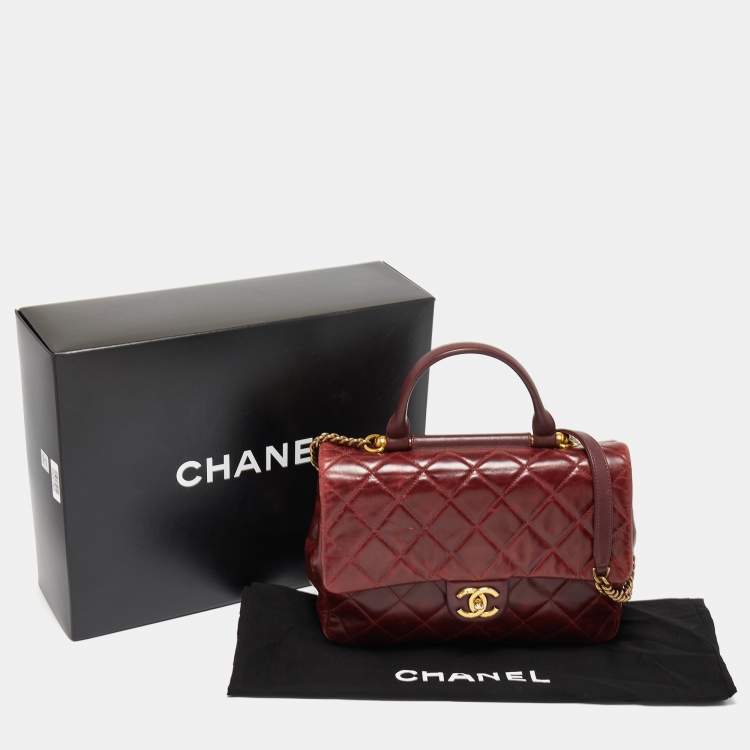 Pre Owned Chanel Burgundy Aged Leather Gold Bar Top Handle Bag