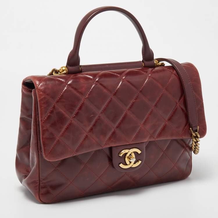 Pre Owned Chanel Burgundy Aged Leather Gold Bar Top Handle Bag