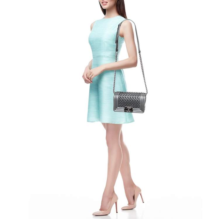 Pre Owned Chanel Grey Woven Patent, Suede and Leather Small Boy Bag