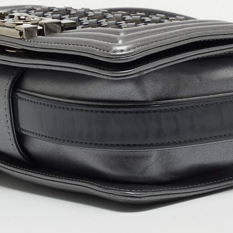 Pre Owned Chanel Grey Woven Patent, Suede and Leather Small Boy Bag