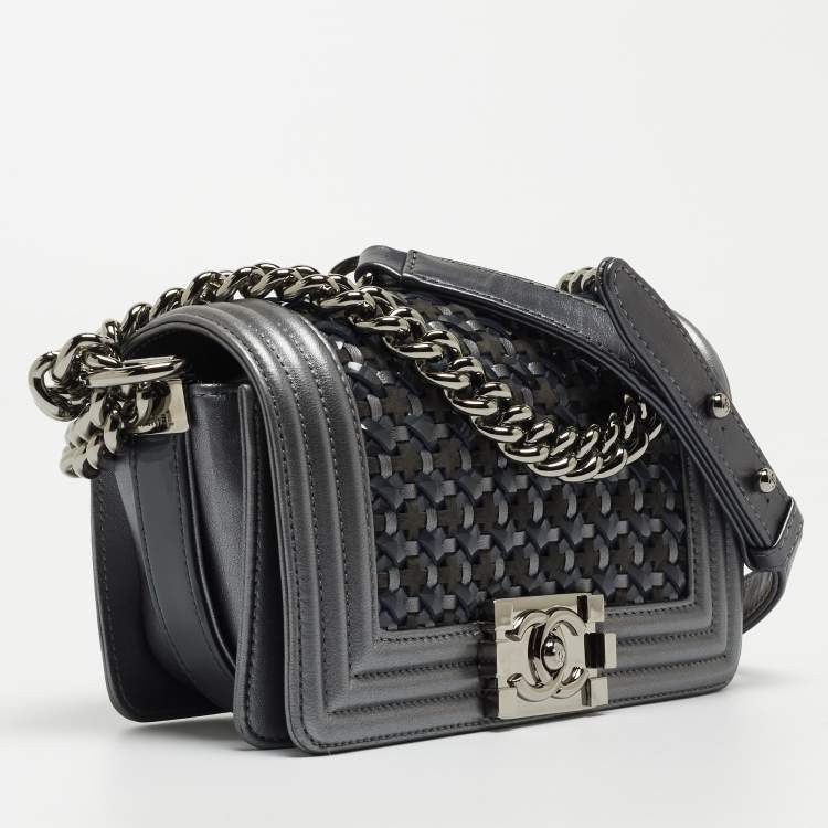 Pre Owned Chanel Grey Woven Patent, Suede and Leather Small Boy Bag