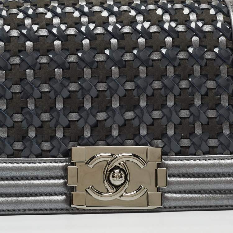 Pre Owned Chanel Grey Woven Patent, Suede and Leather Small Boy Bag
