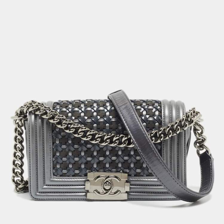 Chanel Grey Woven Patent, Suede and Leather Small Boy Bag