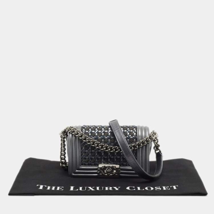 Pre Owned Chanel Grey Woven Patent, Suede and Leather Small Boy Bag
