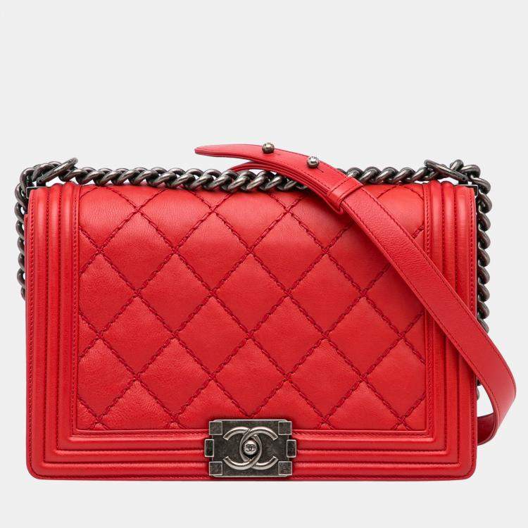 Chanel Red Small Lambskin Double Stitch Boy Flap