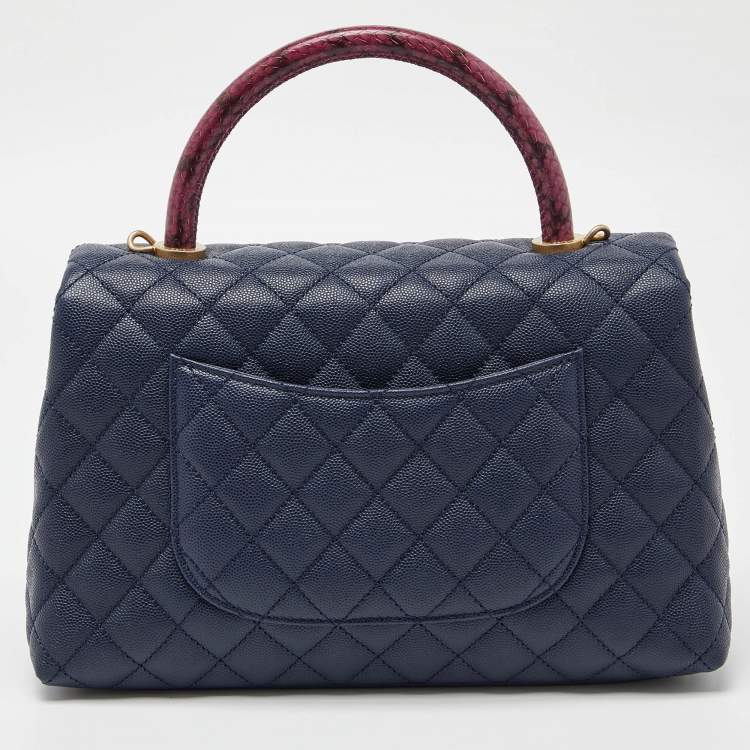Pre Owned Chanel Blue/Pink Quilted Caviar Leather and Watersnake Leather Medium Coco Top Handle Bag