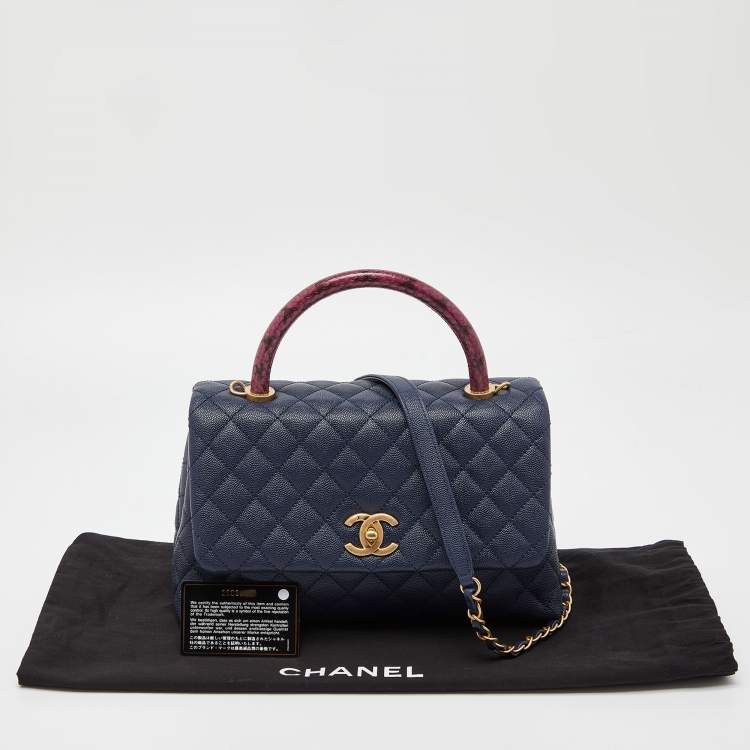 Pre Owned Chanel Blue/Pink Quilted Caviar Leather and Watersnake Leather Medium Coco Top Handle Bag